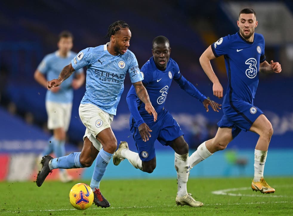 N’Golo Kante (centre) failed to deal with Raheem Sterling (left)