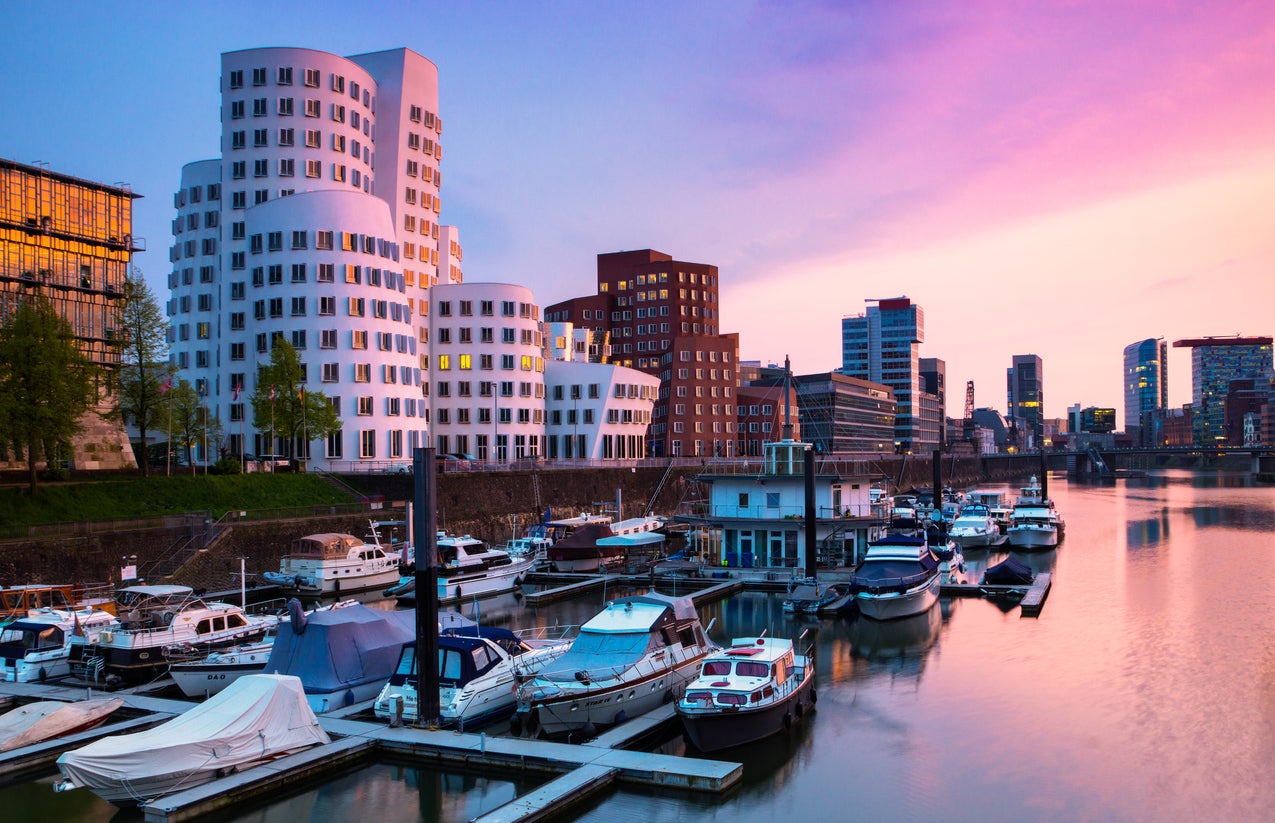 Sunset over the harbor basin in Düsseldorf