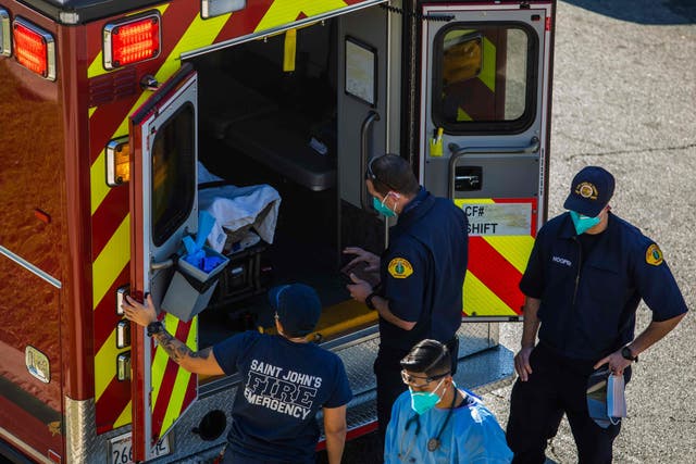 <p>County of Los Angeles paramedics load a potential Covid-19 patient in the ambulance before transporting him to a hospital in Hawthorne, California</p>