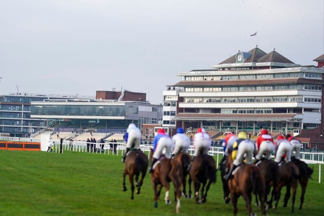 A general view as runners make their way to the first flight of hurdles at Newbury Racecourse