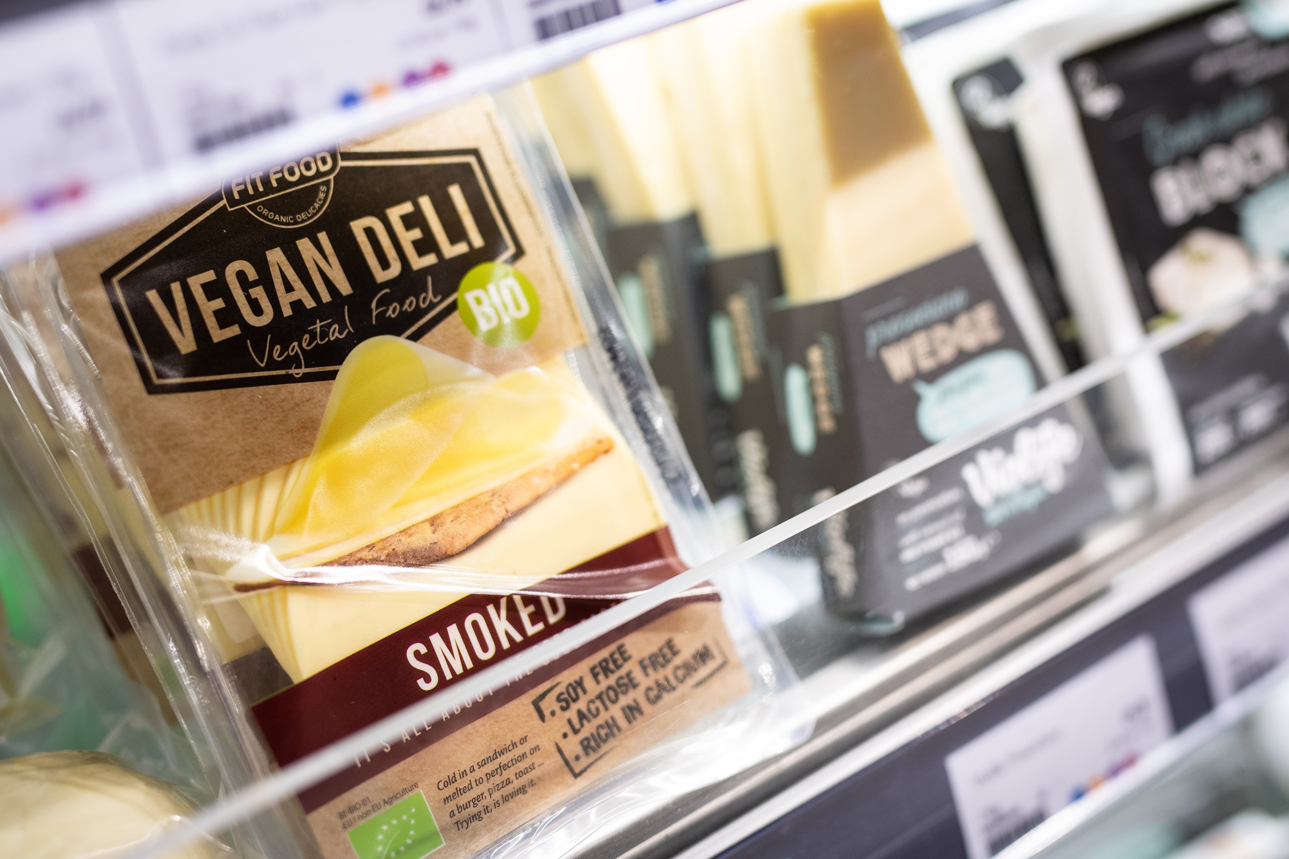 Vegan smoked cheese substitute is seen in a branch of the Planet Organic healthfood store