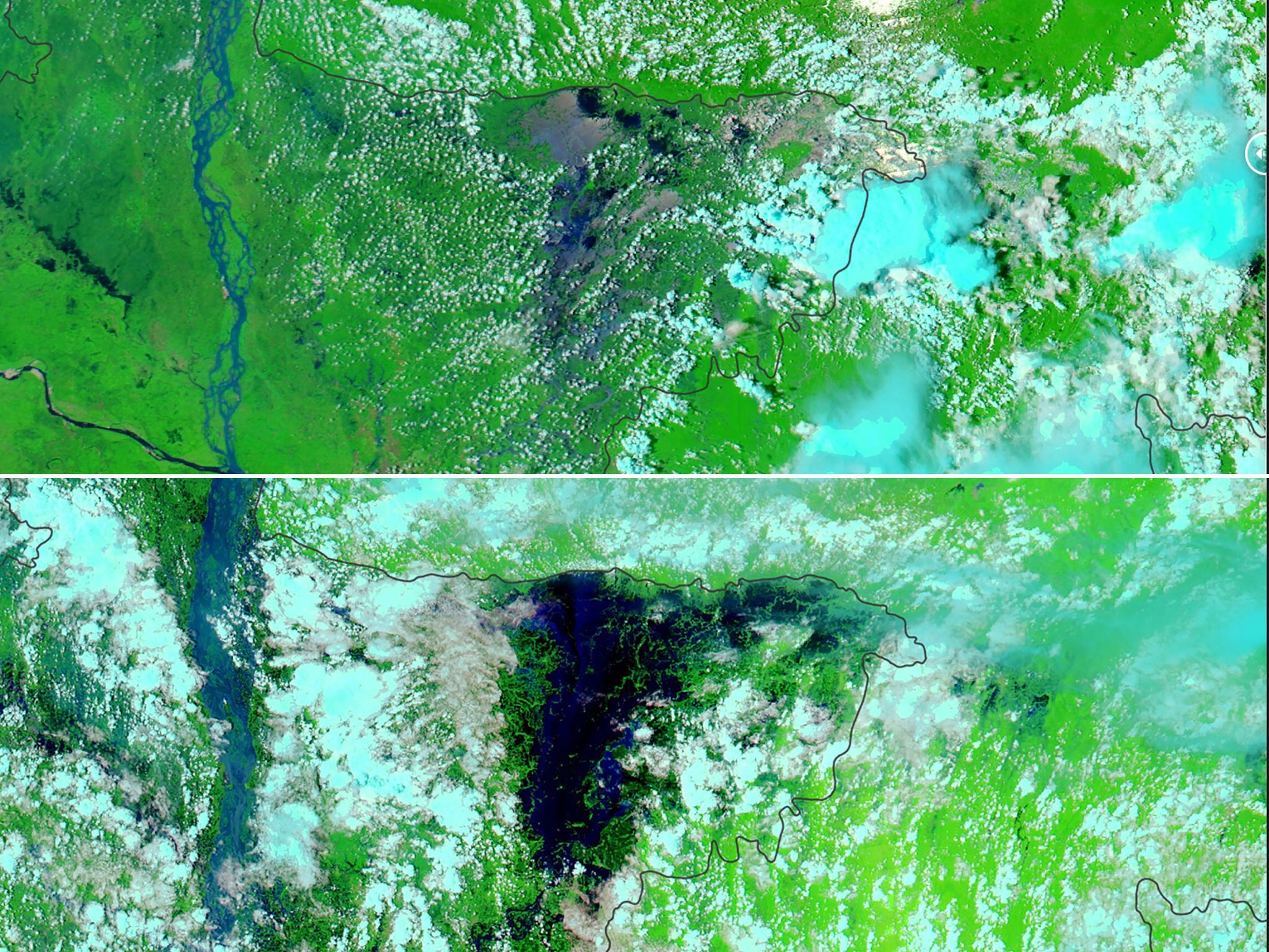 Eastern Bangladesh seen before and after unusually severe flooding in the 2020 monsoon season