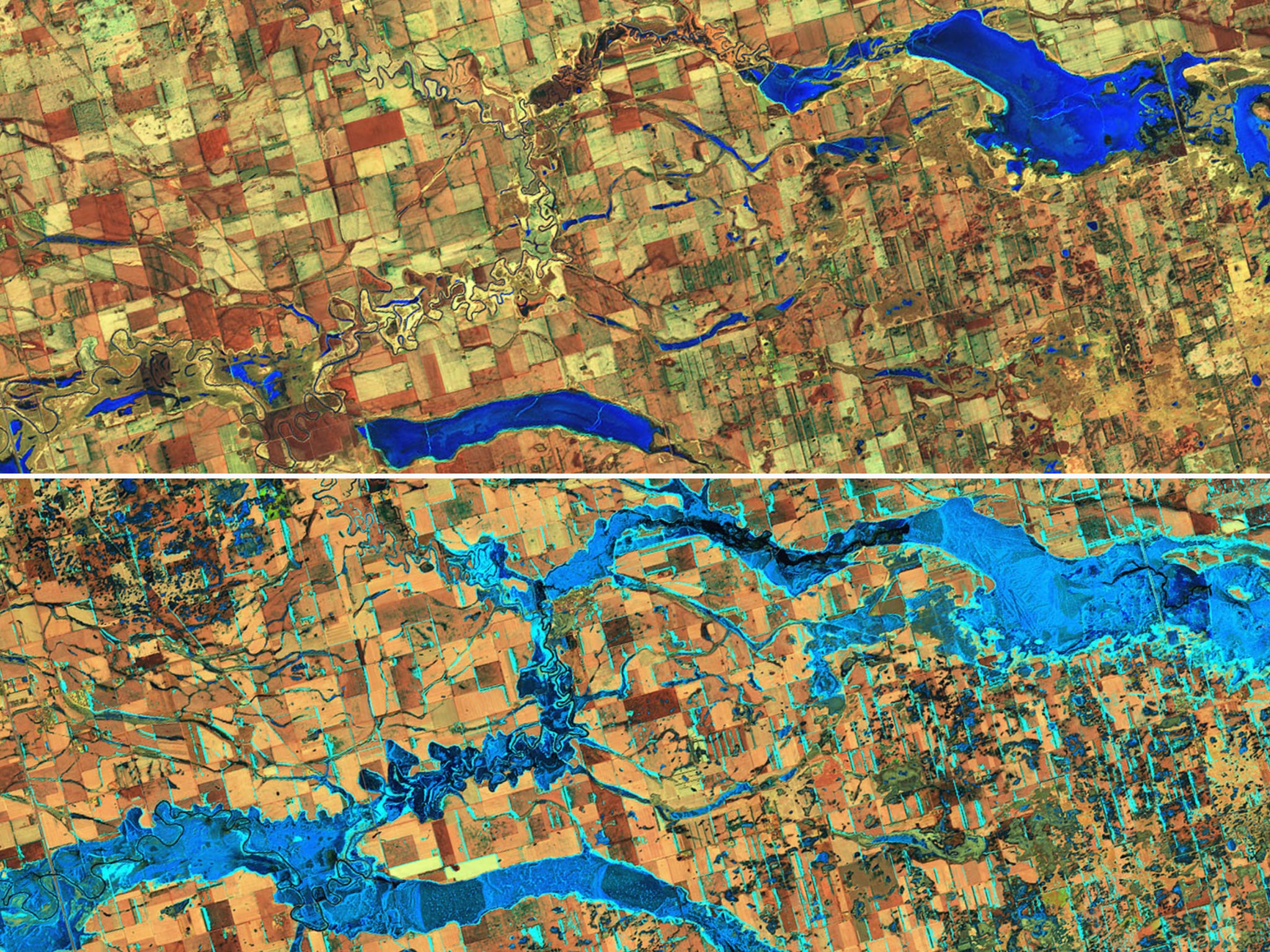 Colour-altered images show the extent of flooding on the James river in South Dakota