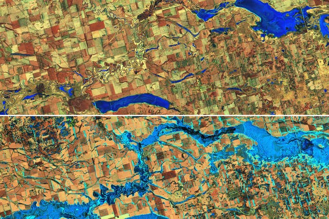 Colour-altered images show the extent of flooding on the James river in South Dakota