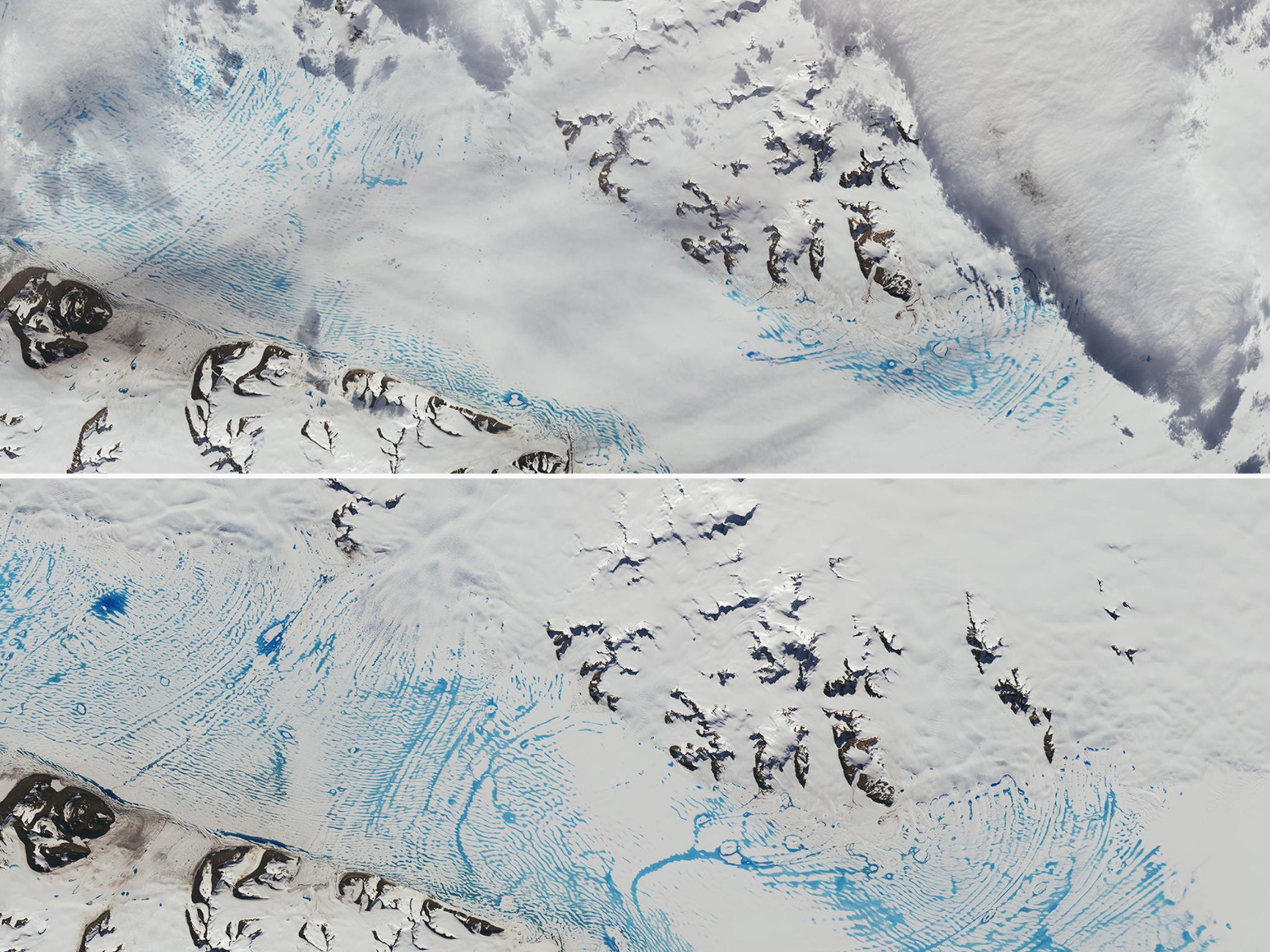 Record large pools of meltwater on Antarctica’s second-biggest glacier in 2020 are seen below a picture of the same location two years earlier