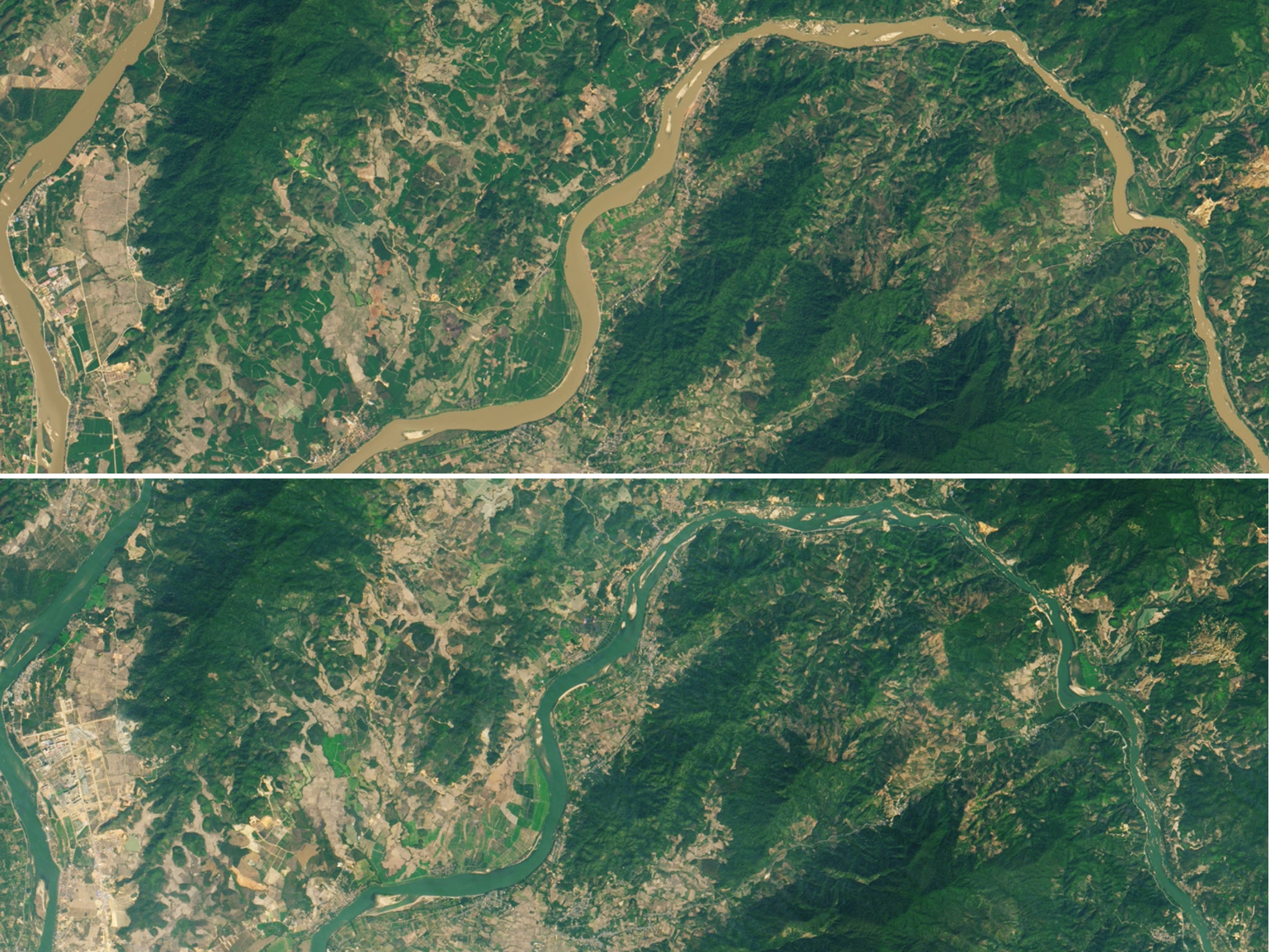 Mekong River in Thailand is seen before and after changing colour in 2020
