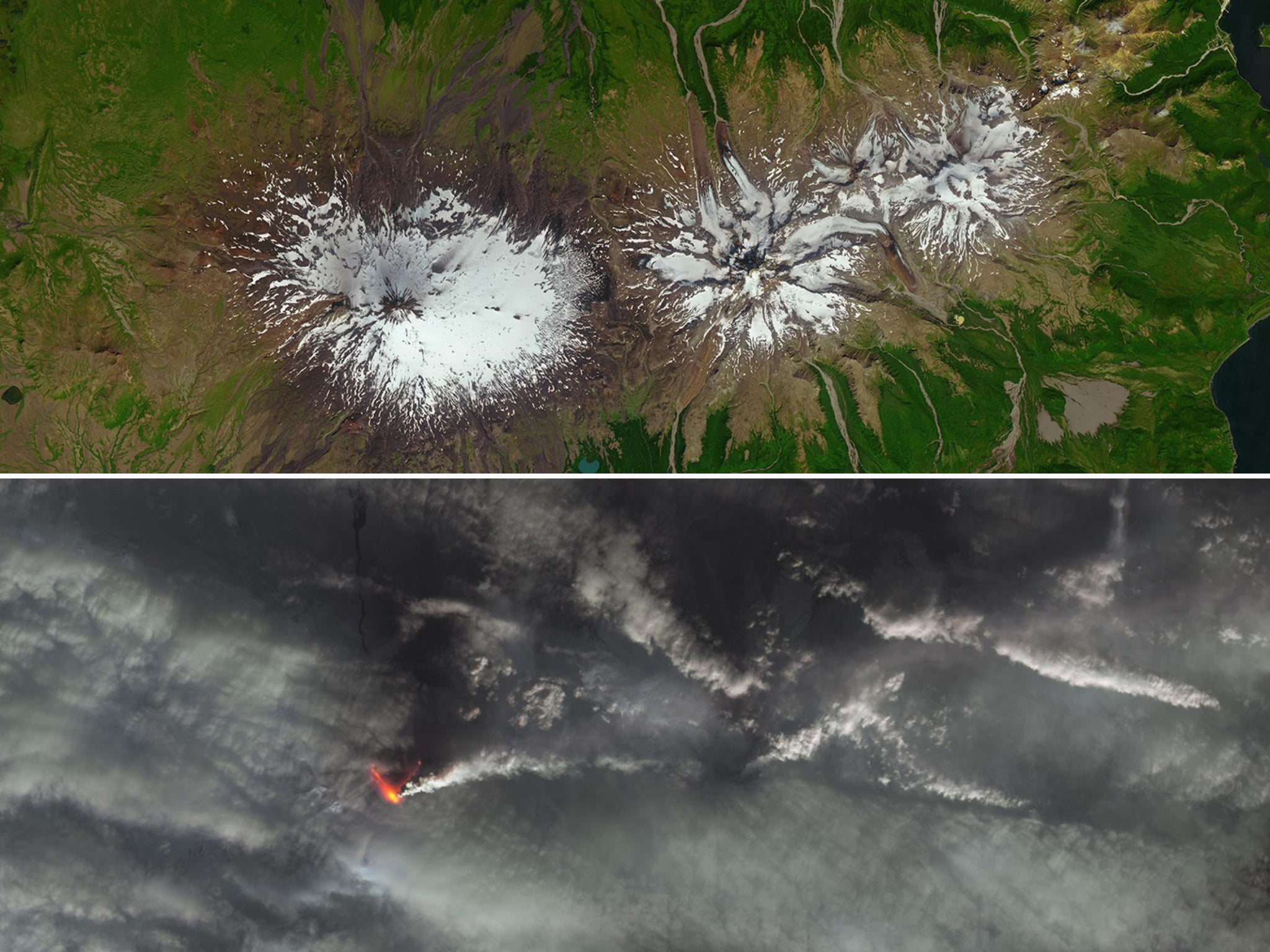 Alaska’s Mount Shishaldin before and during volcanic eruptions in January 2020