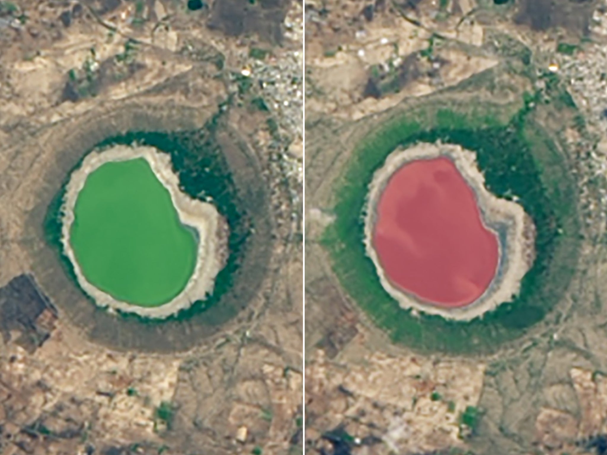 Lonar Lake in India is seen before and after turning red. How the change took place remains a mystery