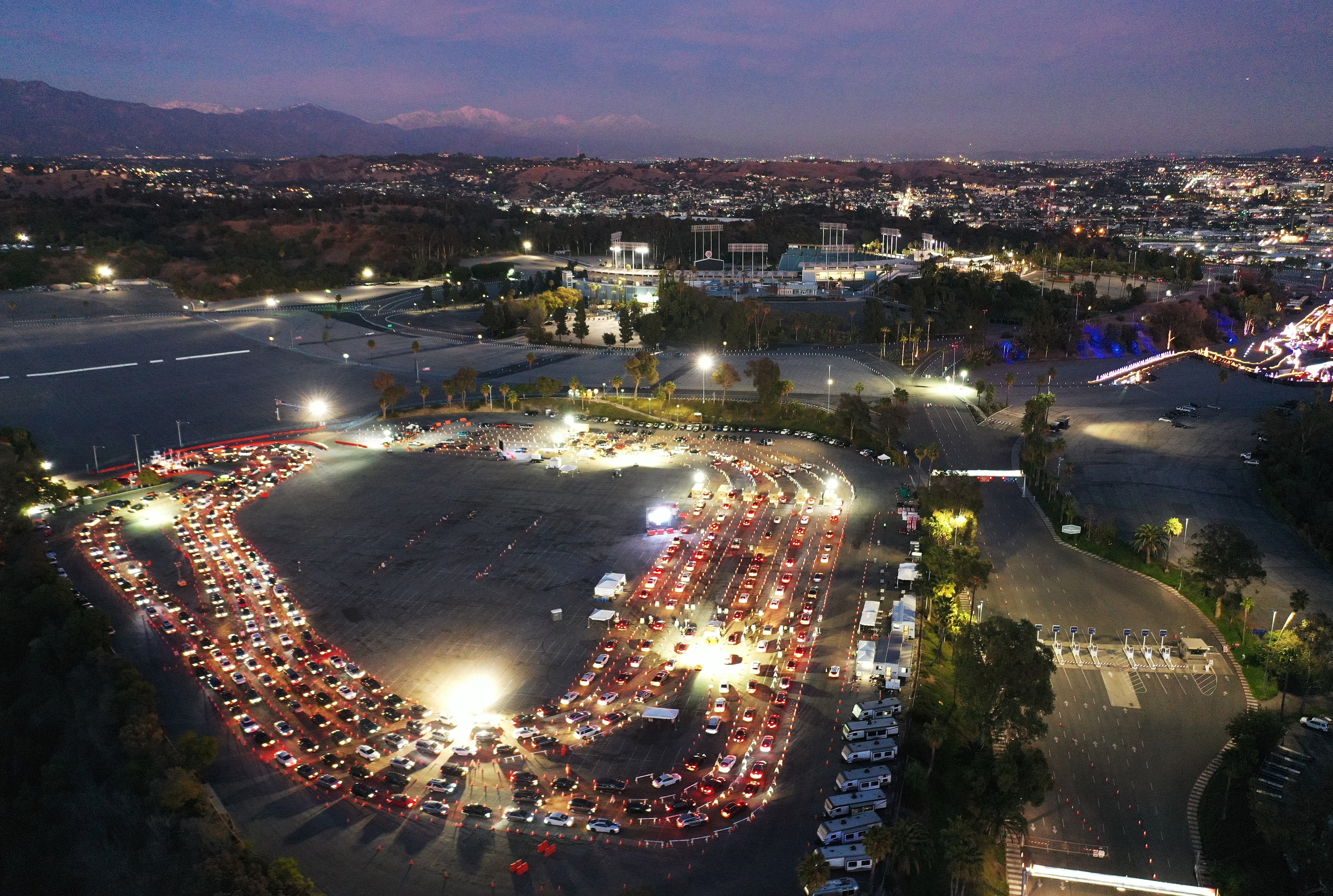 Aerial footage in LA shows long lines of cars waiting for Covid tests