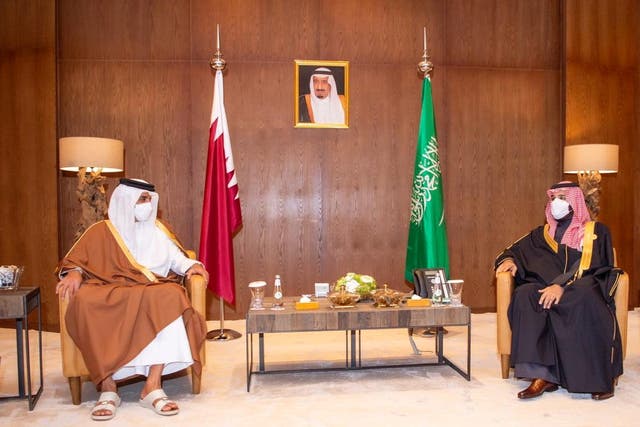 <p>Saudi Arabia’s crown prince Mohammed bin Salman meets Qatar’s emir sheikh Tamim bin Hamad al-Thani during the Gulf Cooperation Council’s (GCC) 41st Summit in Al-Ula, Saudi Arabia</p>