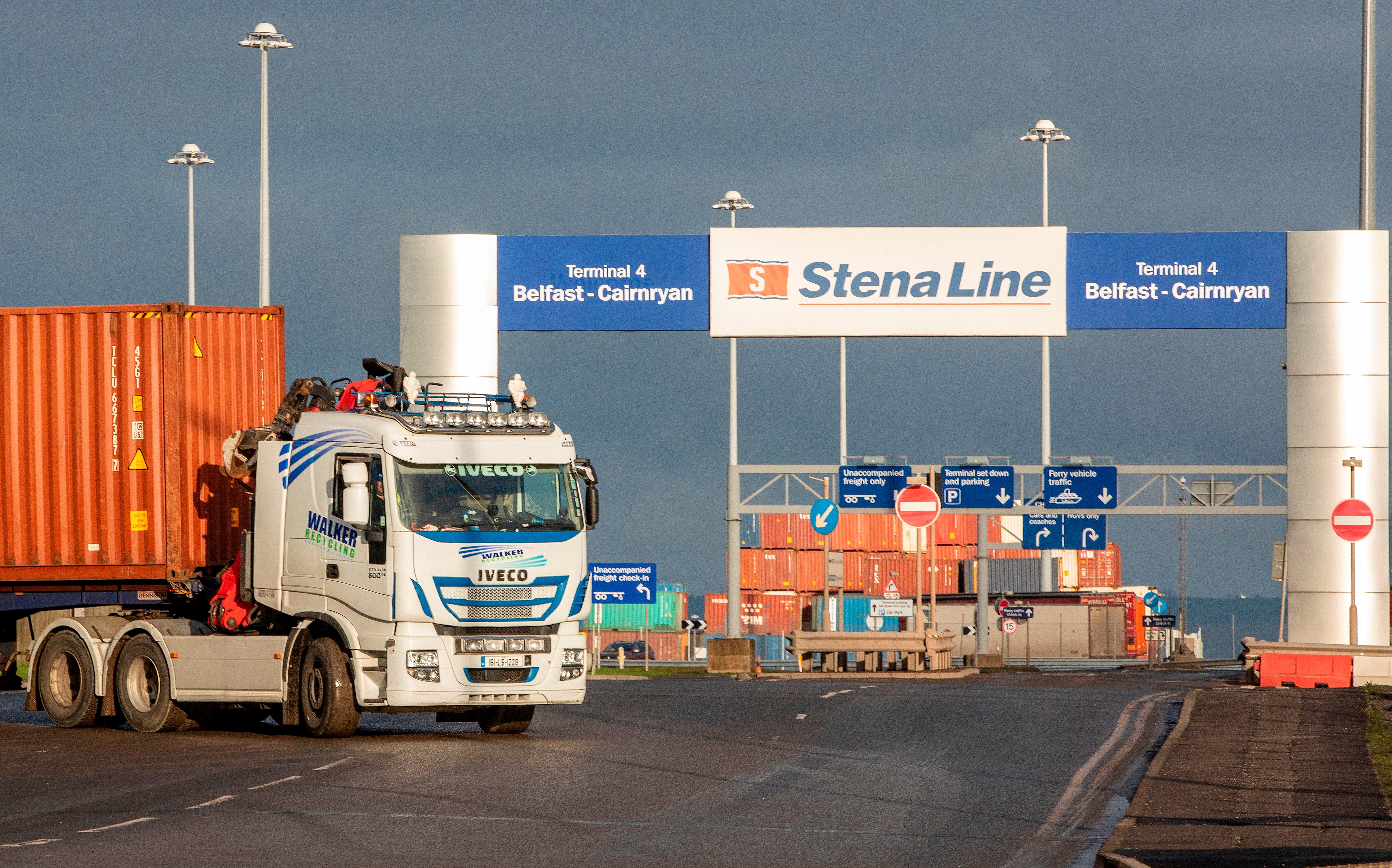 A lorry leaves the docks area in Belfast Harbour in Northern Ireland