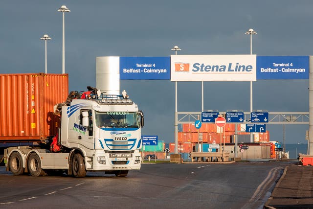 A lorry leaves the docks area in Belfast Harbour in Northern Ireland. The port is Northern Ireland’s main maritime gateway