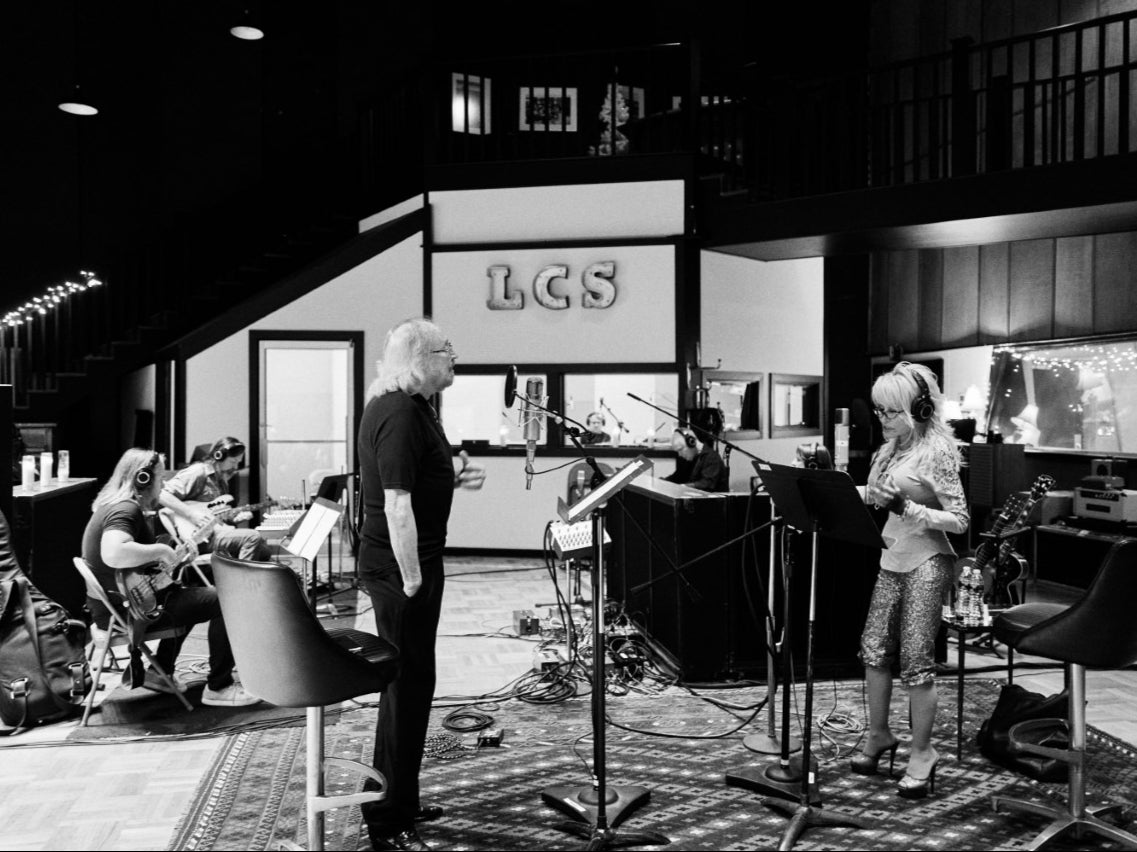 Barry Gibb in the studio with Dolly Parton