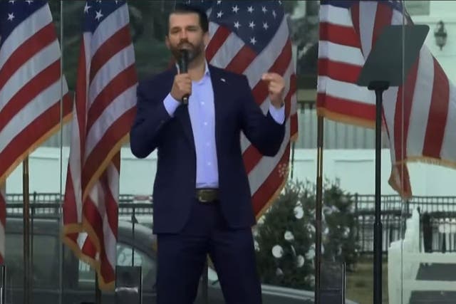 Donald Trump Jr speaking at a rally in Washington, DC protesting the results of the 2020 election.