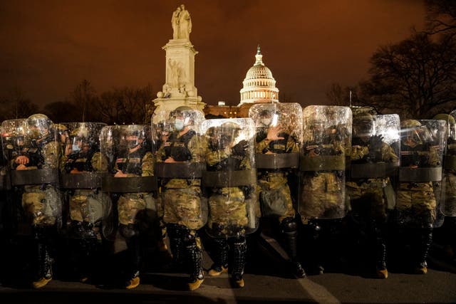 <p>District of Columbia National Guard outside Capitol on Wednesday night.&nbsp;</p>
