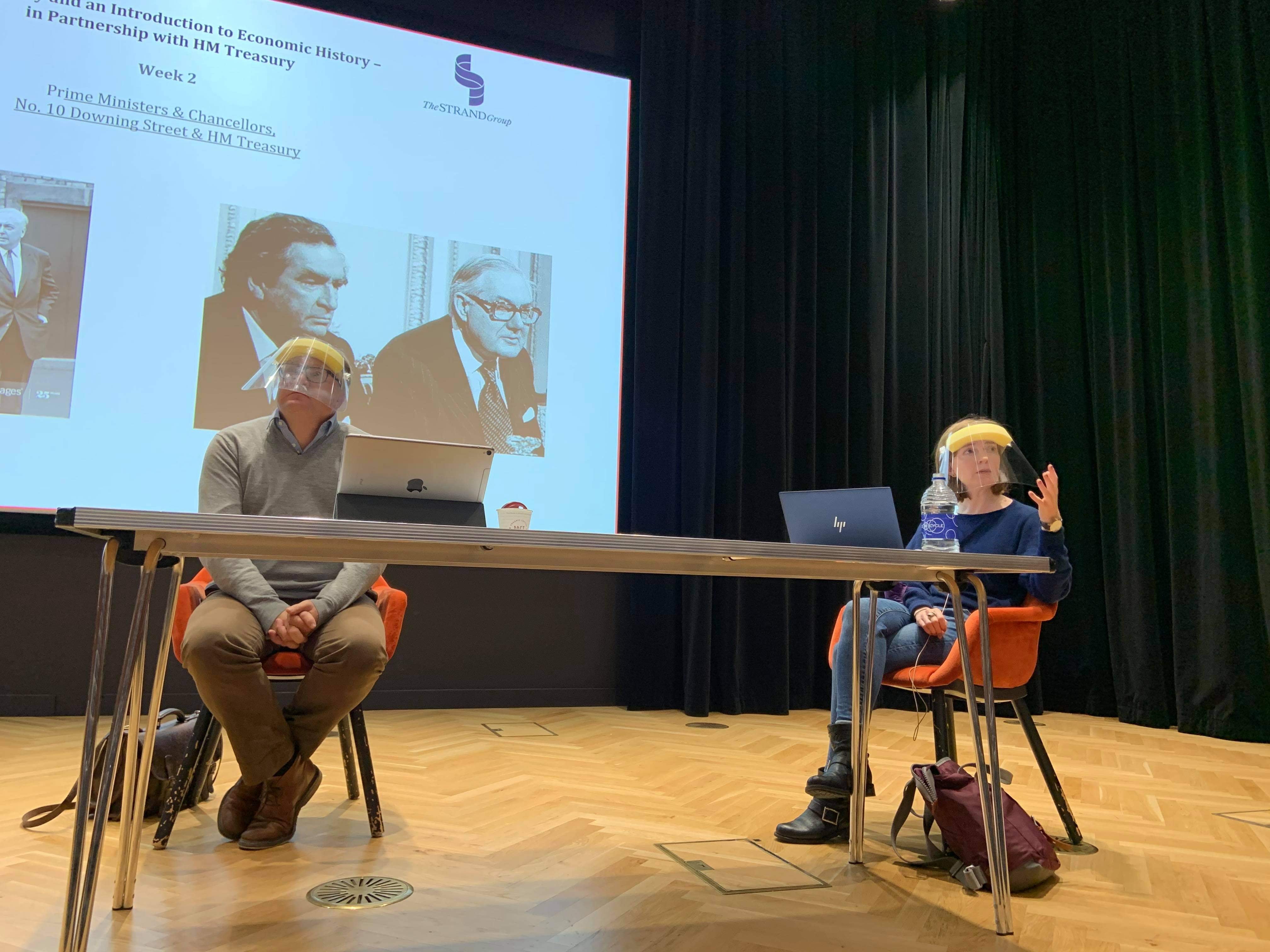 <p>Ed Balls, who has just been promoted to professor at King’s College London, joins Clare Lombardelli during a lecture on the economic history course</p>