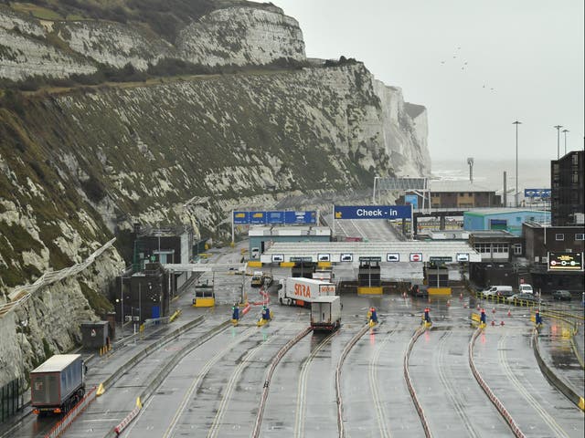 Lorries prepare to embark on a ferry at the Port of Dover
