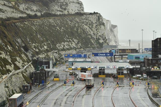 Lorries prepare to embark on a ferry at the Port of Dover