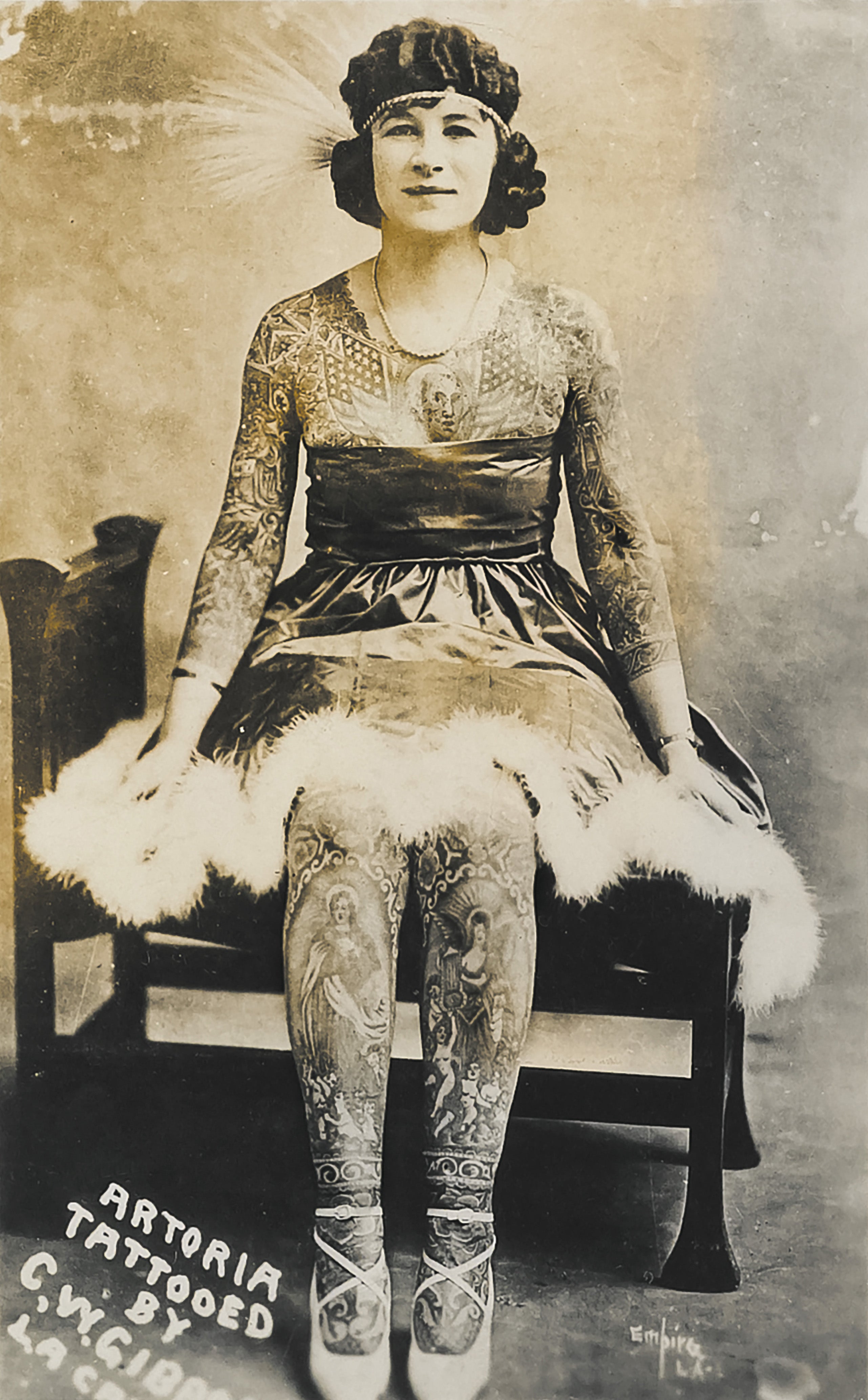 Famous American tattooed woman Artoria Gibbons, ca. 1920s. Gibbons was one of the longest-performing tattooed ladies ever. She worked the circus sideshows, dime museums, and carnivals until 1981.