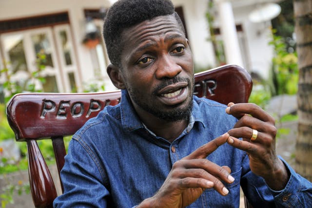 <p>‘Whatever is being declared is a total sham’: Bobi Wine, pictured in March 2020, says the election has been rigged</p>
