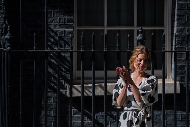 Annemarie Plas claps outside 10 Downing Street to mark the 72nd anniversary of the NHS on 5 July 2020