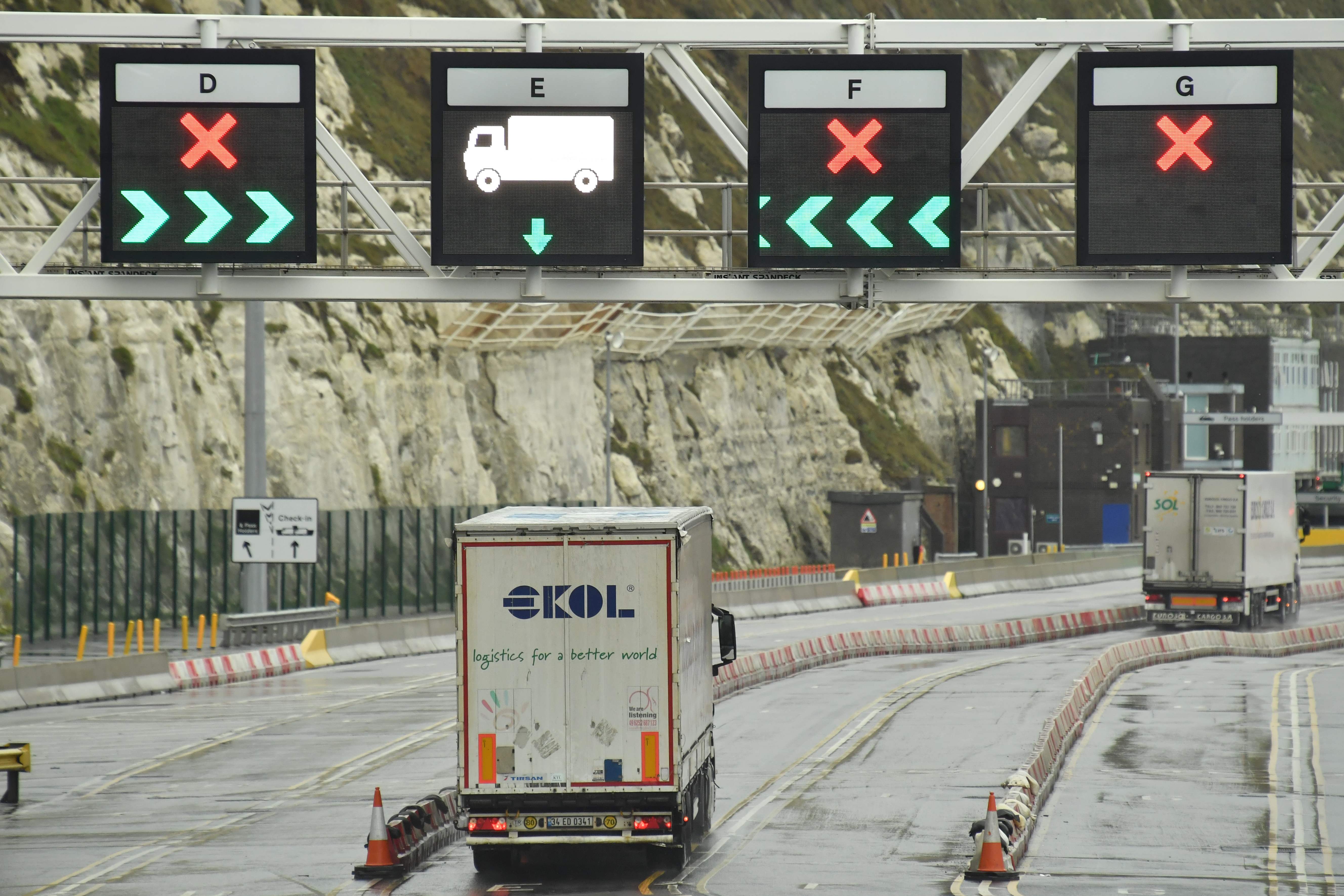 Lorries prepare to embark on a ferry at the Port of Dover