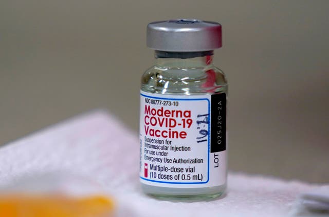 A bottle of the Moderna coronavirus vaccine is shown in Topeka, US. 