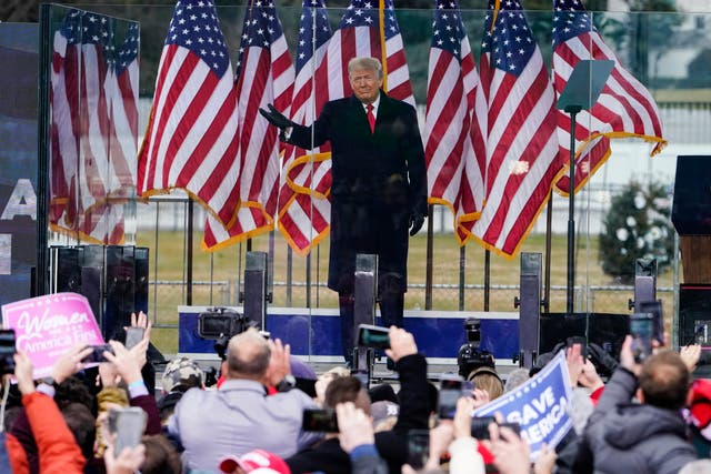 <p>President Donald Trump speaking at the rally in Washington on 6 January, shortly before the US Capitol riots began</p>