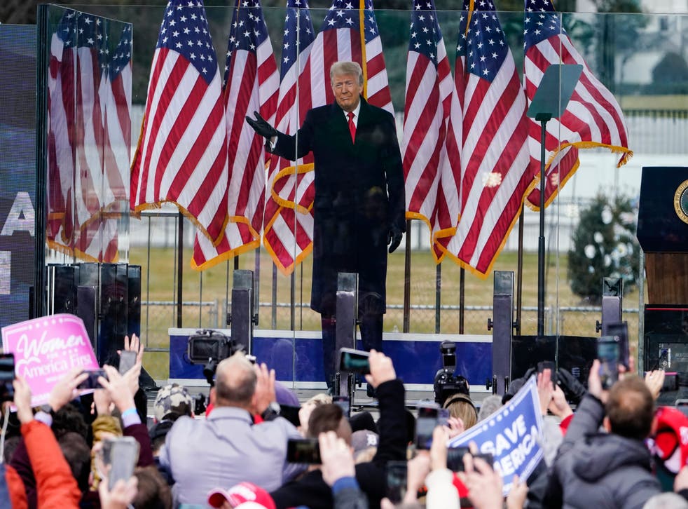 <p>President Donald Trump speaking at the rally in Washington on 6 January, shortly before the US Capitol riots began</p>