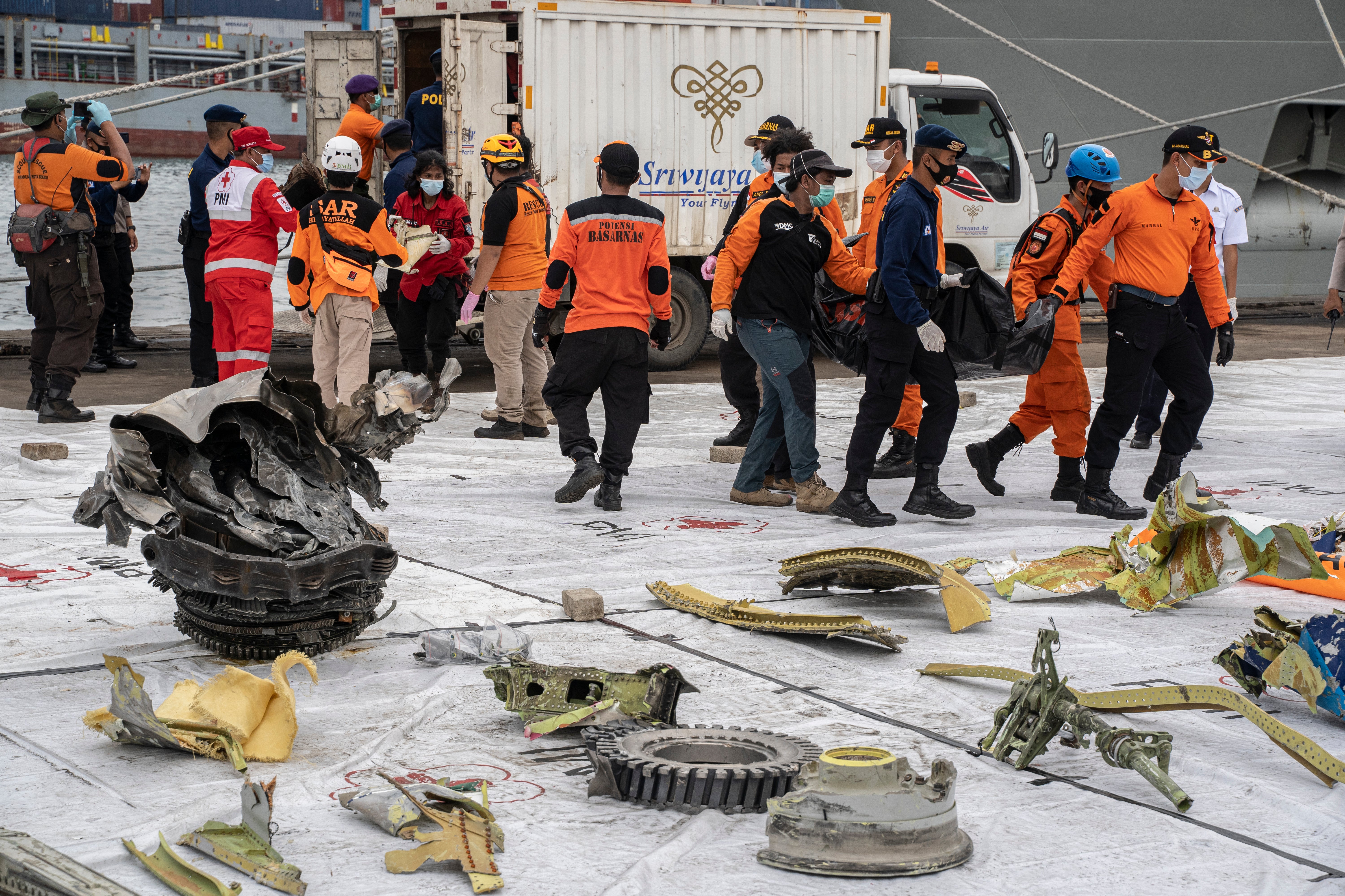The National Transportation Safety Committee shows evidence of debris from the Sriwijaya Air plane that crash at Tanjung Priok Port &nbsp;on January 11, 2021 in Jakarta, Indonesia.&nbsp;
