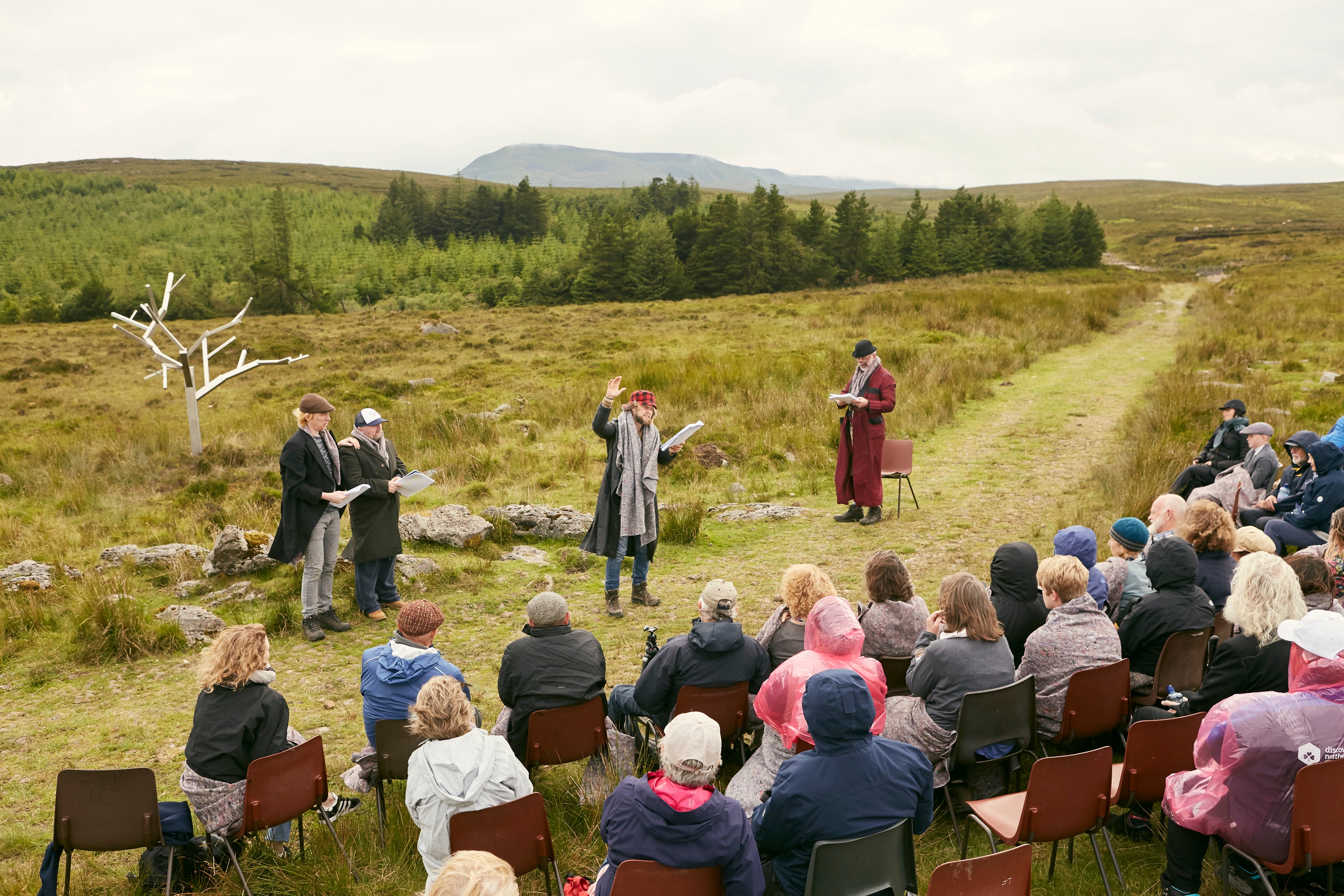 Arts Over Borders’ ‘Walking for Waiting for Godot’ performed around Sir Antony Gormley’s stainless steel ‘Tree for Waiting for Godot’ on the Irish border between Fermanagh and Cavan