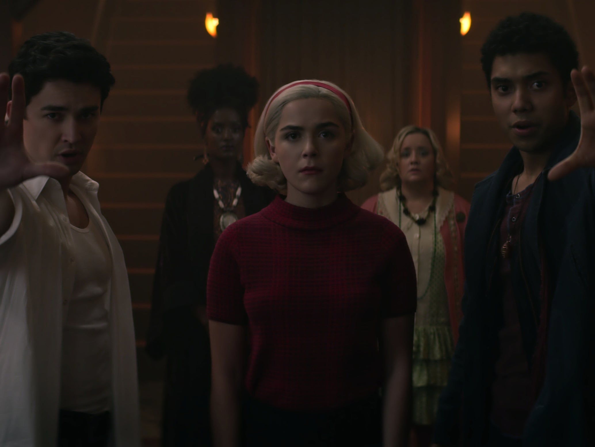 Gavin Leatherwood, Kiernan Shipka, and Chance Perdomo in ‘Chilling Adventures of Sabrina'