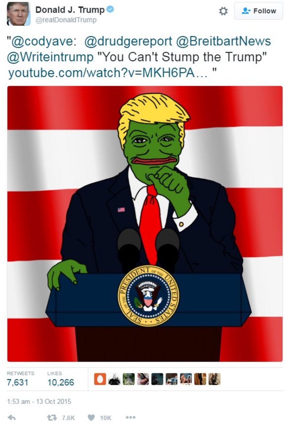 Donald Trump is iconised through the Pepe the Frog meme by the far right and hate groups