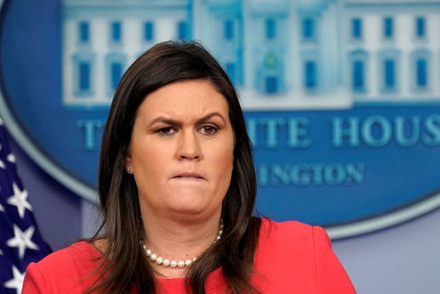 <p>Sarah Sanders holds a press briefing at the White House in Washington</p>