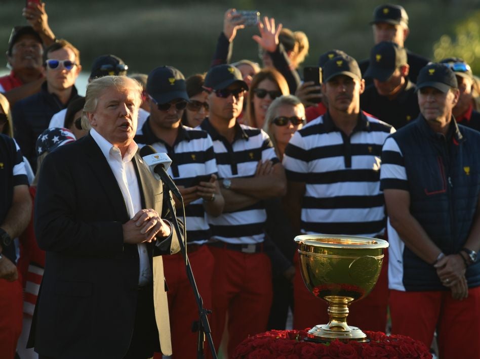 Donald Trump speaks during the trophy presentation of the Presidents Cup in 2017