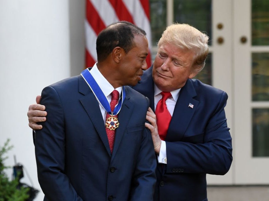 Tiger Woods is awarded the Presidential Medal of Freedom by Donald Trump