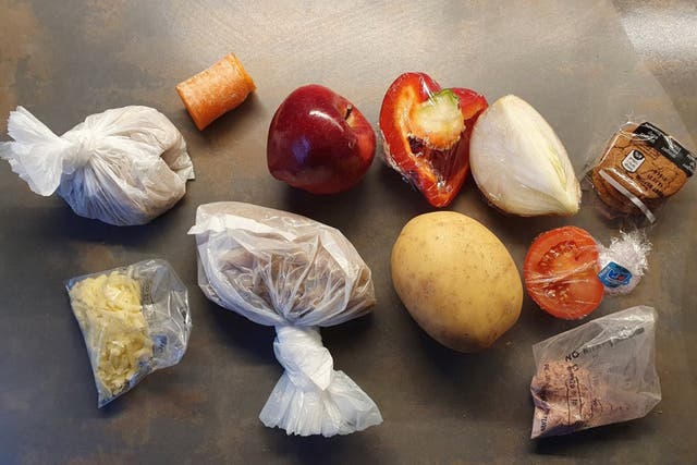 <p>The contents of a food parcel for a child that is designed to last a week</p>