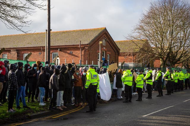 <p>More than a dozen police officers responded to the peaceful protest outside Napier Barracks in Folkestone on Tuesday afternoon</p>