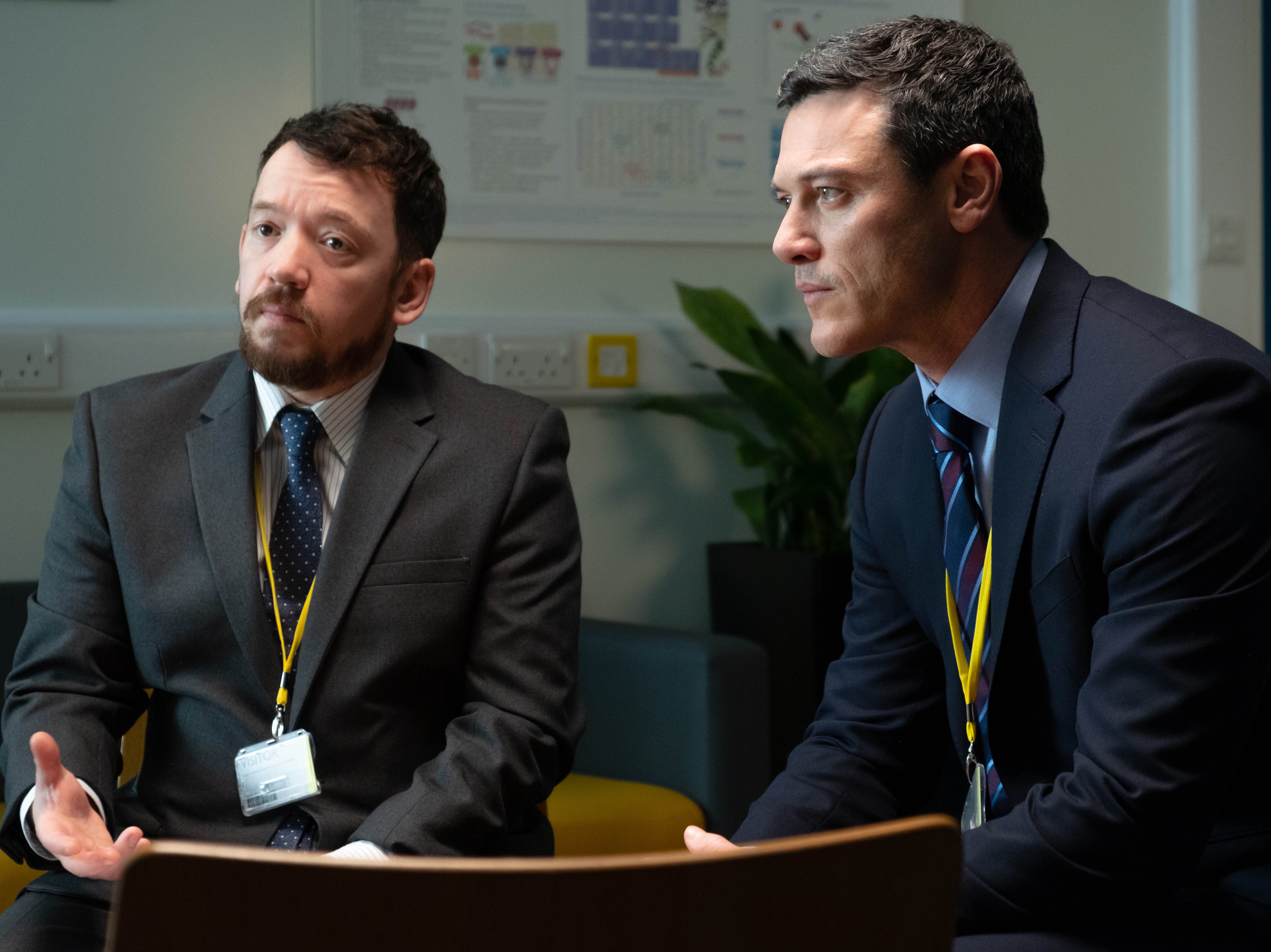 Doing some digging: Luke Evans (right) and Steve Meo as two investigators in ‘The Pembrokeshire Murders’