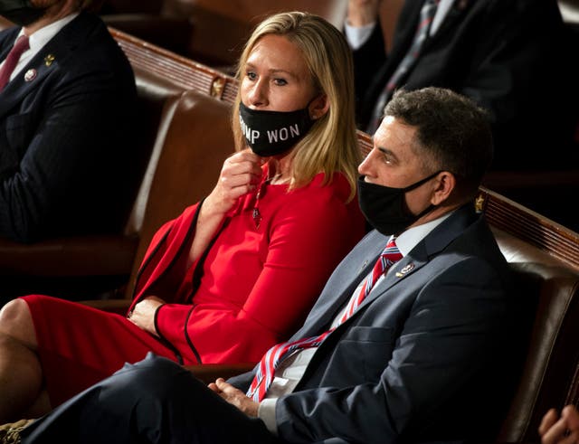 Georgia Republican Congresswoman Marjorie Taylor Greene on the House floor wearing a mask that isn’t covering her nose.