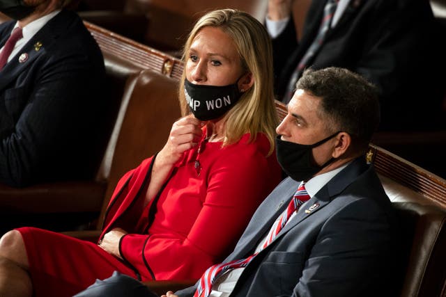 Georgia Republican Congresswoman Marjorie Taylor Greene on the House floor wearing a mask that isn’t covering her nose.