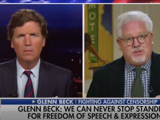 <p>Glenn Beck (L) appearing on a show hosted by Tucker Carlson compared Twitter’s move to take down far-right accounts to holocaust</p>