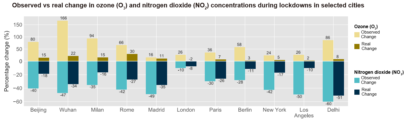 Percentage change in ozone and nitrogen dioxide levels from two to three weeks before lockdowns first began to two to five weeks after. The observed change in pollution is compared to the ‘real change’ when weather and seasonal factors are considered