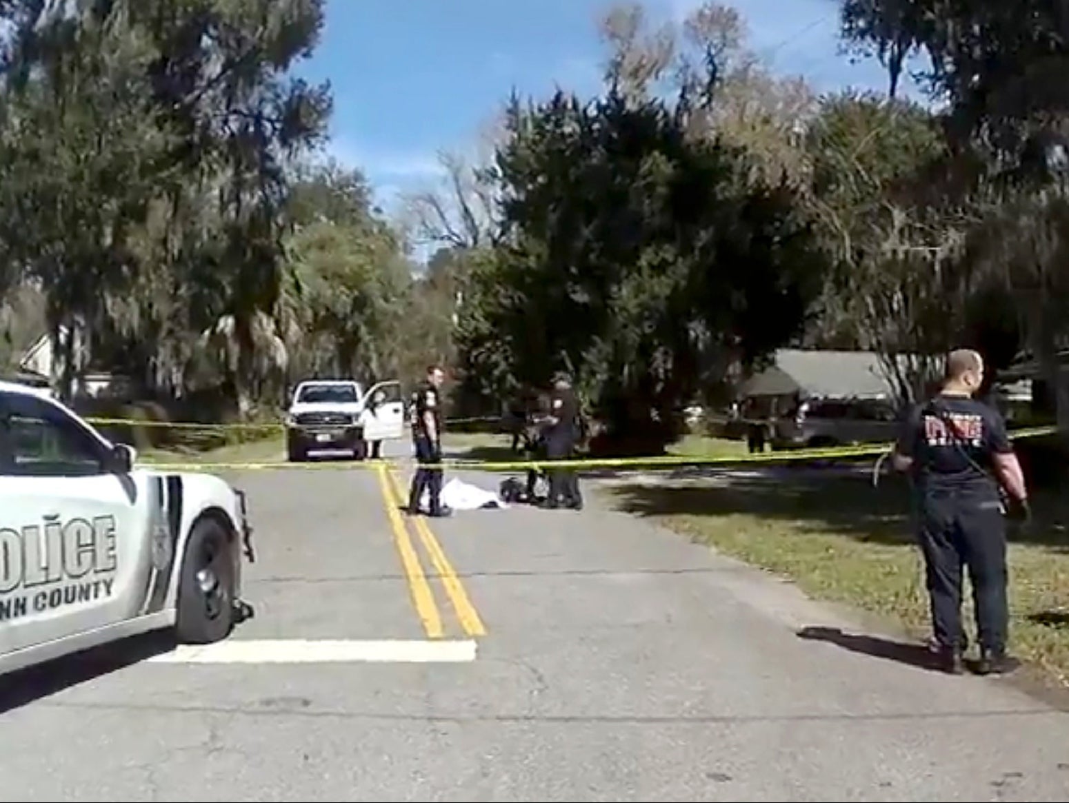 <p>Police at the scene of Ahmaud Arbery’s death in February 2020.</p>