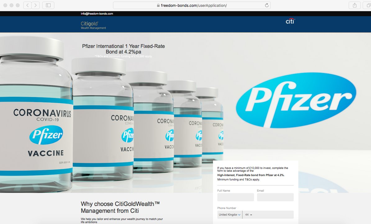 Pfizer confirmed that it had no links to the site which is using the company’s name to try to convince savers to hand over their money