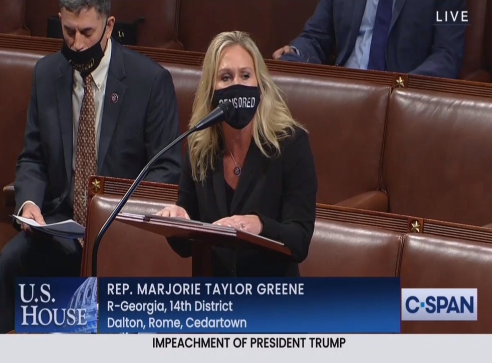 Marjorie Taylor Green: QAnon congresswoman mocked for wearing mask saying  'censored' while speaking to the nation on live TV | The Independent
