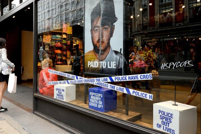 A window display for Cosmetic firm Lush protests the police use of undercover officers to infiltrate political groups