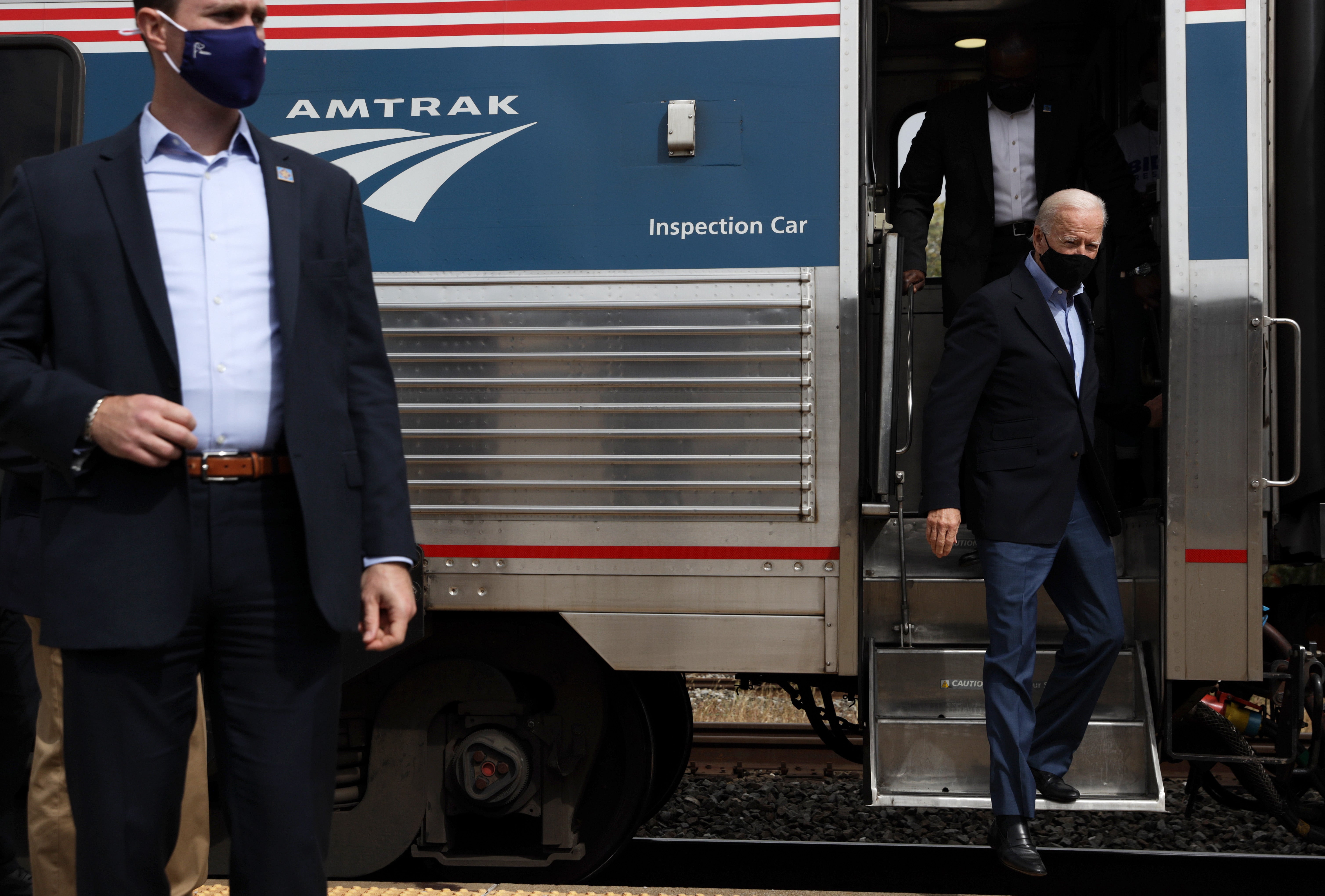 File Image: &nbsp;Joe Biden disembarks at a campaign stop at Alliance Amtrak Station 30 September 2020 in Alliance, Ohio