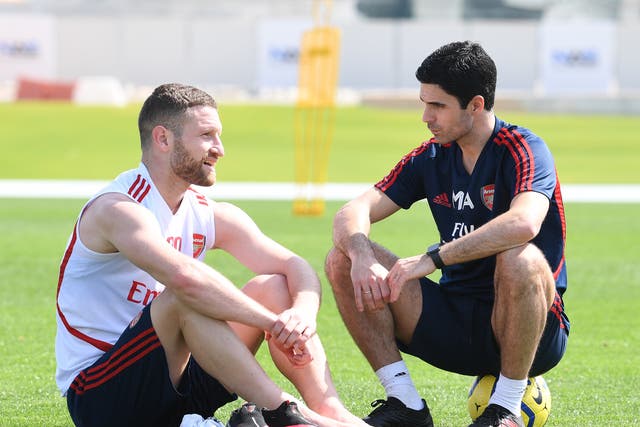 Shkodran Mustafi with Arsenal manager Mikel Arteta