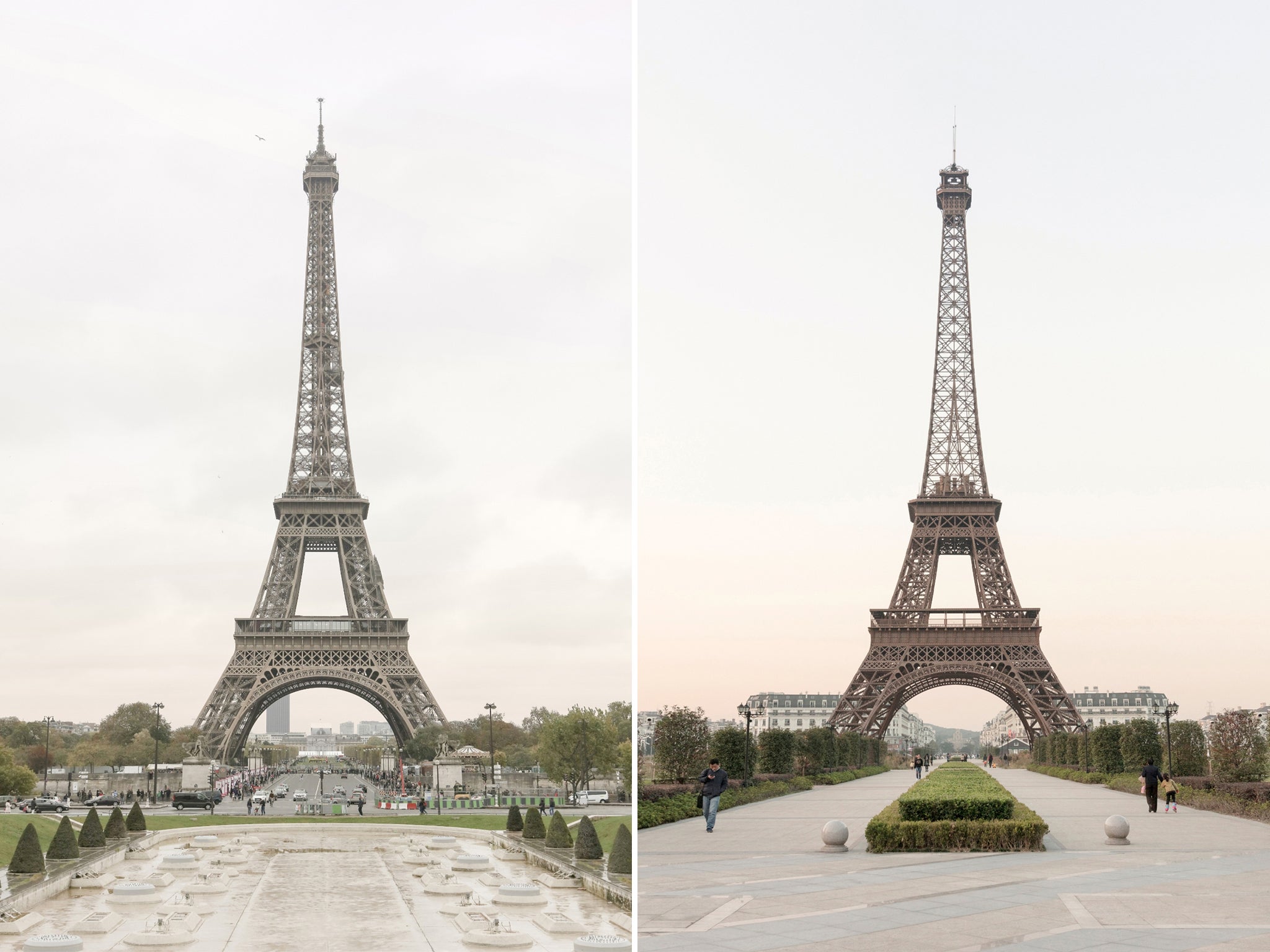 Left: The Eiffel Tower in Paris, France. Right: Replica tower in Tianducheng, China